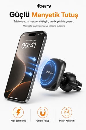 MagSafe Uyumlu Manyetik Araç Telefon Tutucu – Havalandırma Izgarası, 360° Döner Başlık