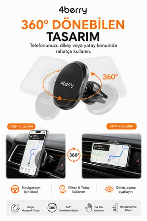 MagSafe Uyumlu Manyetik Araç Telefon Tutucu – Havalandırma Izgarası, 360° Döner Başlık