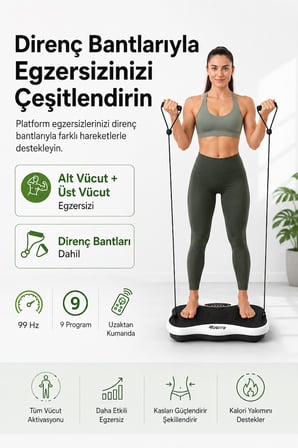 Titreşimli Egzersiz ve Fitness Aleti – 200W, 99 Hız, 9 Program, Uzaktan Kumandalı, Direnç Bantlı