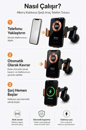 66W Manyetik Hızlı Şarjlı Kablosuz Araç Telefon Tutucu – Otomatik Sensörlü, Vantuz ve Klima Klipsli