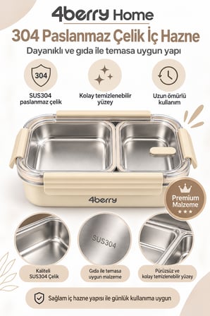 2 Bölmeli Termos Yemek Kabı – 850 ml, Paslanmaz Çelik, Sızdırmaz Kilitli, Şeffaf Kapaklı, Krem Rengi