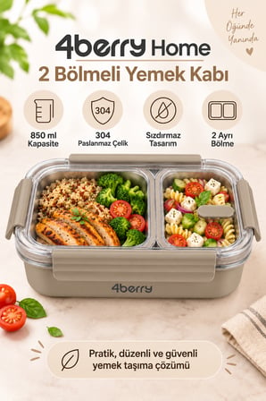 2 Bölmeli Termos Yemek Kabı – 850 ml, Paslanmaz Çelik, Sızdırmaz Kilitli, Şeffaf Kapaklı, Kahverengi
