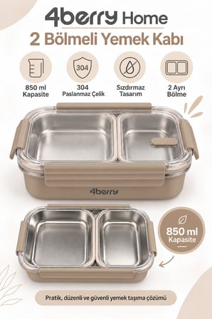 2 Bölmeli Termos Yemek Kabı – 850 ml, Paslanmaz Çelik, Sızdırmaz Kilitli, Şeffaf Kapaklı, Kahverengi