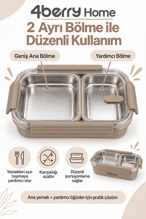 2 Bölmeli Termos Yemek Kabı – 850 ml, Paslanmaz Çelik, Sızdırmaz Kilitli, Şeffaf Kapaklı, Kahverengi