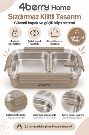 2 Bölmeli Termos Yemek Kabı – 850 ml, Paslanmaz Çelik, Sızdırmaz Kilitli, Şeffaf Kapaklı, Kahverengi