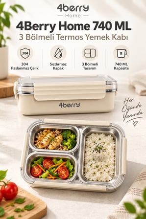 4Berry Home 740 ML 3 Bölmeli 304 Paslanmaz Çelik Termos Yemek Kabı – Sızdırmaz Kapaklı, Isı Korumalı Beslenme Kutusu