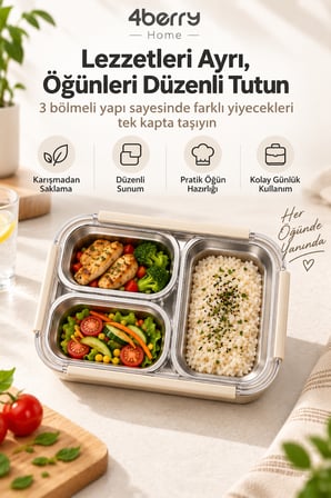 4Berry Home 740 ML 3 Bölmeli 304 Paslanmaz Çelik Termos Yemek Kabı – Sızdırmaz Kapaklı, Isı Korumalı Beslenme Kutusu