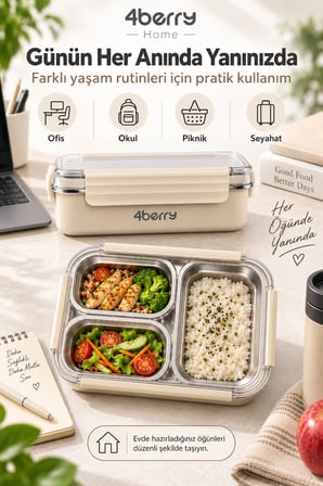 4Berry Home 740 ML 3 Bölmeli 304 Paslanmaz Çelik Termos Yemek Kabı – Sızdırmaz Kapaklı, Isı Korumalı Beslenme Kutusu