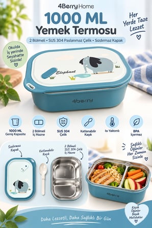 2 Bölmeli Yemek Termosu - Mavi Fil Desenli Beslenme Kabı - 1000 ML, Sızdırmaz, Kaşıklı, Paslanmaz Çelik