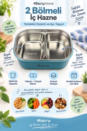 2 Bölmeli Yemek Termosu - Mavi Fil Desenli Beslenme Kabı - 1000 ML, Sızdırmaz, Kaşıklı, Paslanmaz Çelik