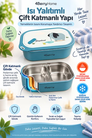 2 Bölmeli Yemek Termosu - Mavi Fil Desenli Beslenme Kabı - 1000 ML, Sızdırmaz, Kaşıklı, Paslanmaz Çelik