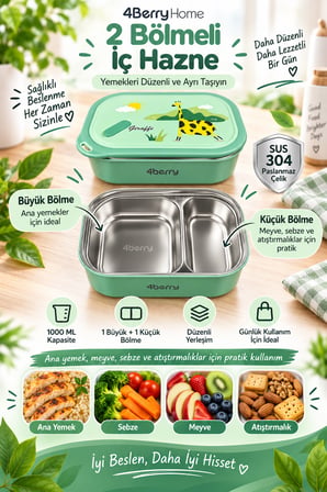 2 Bölmeli Yemek Termosu - Yeşil Zürafa Desenli Beslenme Kabı - 1000 ML, Sızdırmaz, Kaşıklı, Paslanmaz Çelik