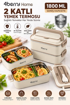 2 Katlı Yemek Termosu – 3 Bölmeli 1800 ML Taşınabilir Yemek Kabı, 304 Paslanmaz Çelik, Sızdırmaz, Isı Yalıtımlı, Kaşıklı