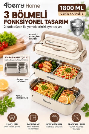 2 Katlı Yemek Termosu – 3 Bölmeli 1800 ML Taşınabilir Yemek Kabı, 304 Paslanmaz Çelik, Sızdırmaz, Isı Yalıtımlı, Kaşıklı