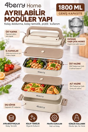2 Katlı Yemek Termosu – 3 Bölmeli 1800 ML Taşınabilir Yemek Kabı, 304 Paslanmaz Çelik, Sızdırmaz, Isı Yalıtımlı, Kaşıklı