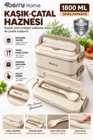 2 Katlı Yemek Termosu – 3 Bölmeli 1800 ML Taşınabilir Yemek Kabı, 304 Paslanmaz Çelik, Sızdırmaz, Isı Yalıtımlı, Kaşıklı