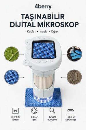 4Berry Taşınabilir Fotoğraf Çekebilen Dijital Mikroskop 1000x – 2.4” IPS Ekran, 2 MP Kamera, 8 LED Işık, Type-C Şarjlı