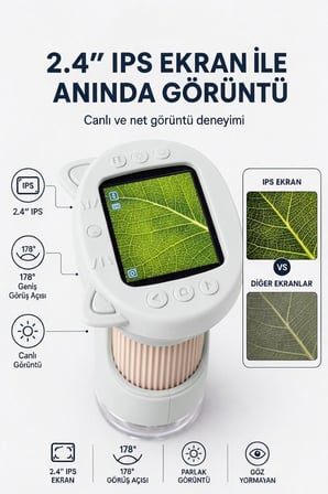4Berry Taşınabilir Fotoğraf Çekebilen Dijital Mikroskop 1000x – 2.4” IPS Ekran, 2 MP Kamera, 8 LED Işık, Type-C Şarjlı