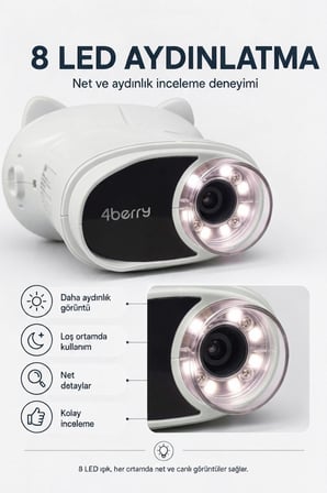 4Berry Taşınabilir Fotoğraf Çekebilen Dijital Mikroskop 1000x – 2.4” IPS Ekran, 2 MP Kamera, 8 LED Işık, Type-C Şarjlı