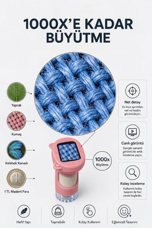 4Berry Taşınabilir Fotoğraf Çekebilen Dijital Mikroskop 1000x – 2.4” IPS Ekran, 2 MP Kamera, 8 LED Işık, Type-C Şarjlı
