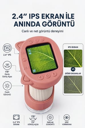 4Berry Taşınabilir Fotoğraf Çekebilen Dijital Mikroskop 1000x – 2.4” IPS Ekran, 2 MP Kamera, 8 LED Işık, Type-C Şarjlı