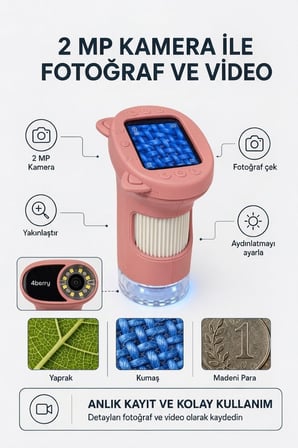 4Berry Taşınabilir Fotoğraf Çekebilen Dijital Mikroskop 1000x – 2.4” IPS Ekran, 2 MP Kamera, 8 LED Işık, Type-C Şarjlı