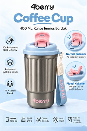 400 ML Termos Bardak – Paslanmaz Çelik, Sızdırmaz Kapaklı, Taşıma Askılı Seyahat Kupası Gri