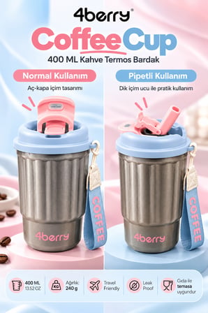 400 ML Termos Bardak – Paslanmaz Çelik, Sızdırmaz Kapaklı, Taşıma Askılı Seyahat Kupası Gri