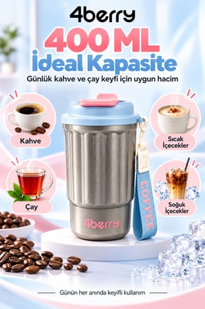 400 ML Termos Bardak – Paslanmaz Çelik, Sızdırmaz Kapaklı, Taşıma Askılı Seyahat Kupası Gri