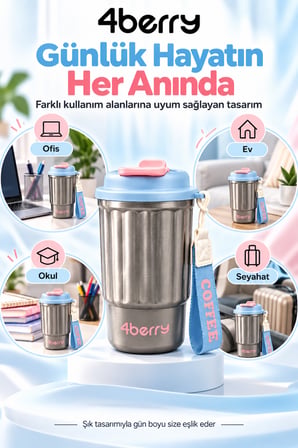 400 ML Termos Bardak – Paslanmaz Çelik, Sızdırmaz Kapaklı, Taşıma Askılı Seyahat Kupası Gri