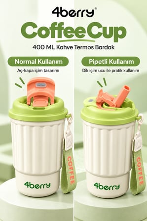 400 ML Termos Bardak – Paslanmaz Çelik, Sızdırmaz Kapaklı, Taşıma Askılı Seyahat Kupası Yeşil