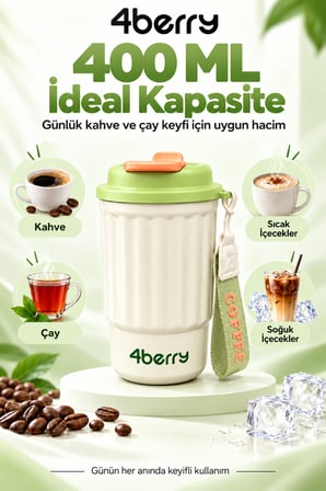 400 ML Termos Bardak – Paslanmaz Çelik, Sızdırmaz Kapaklı, Taşıma Askılı Seyahat Kupası Yeşil