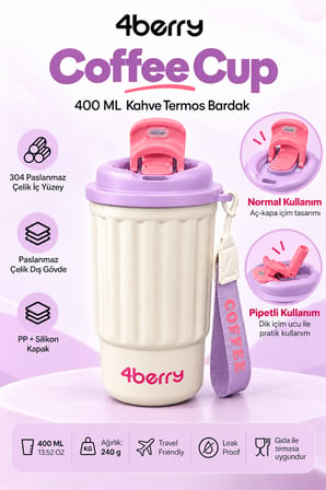 400 ML Termos Bardak – Paslanmaz Çelik, Sızdırmaz Kapaklı, Taşıma Askılı Seyahat Kupası Mor