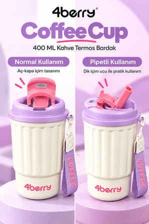 400 ML Termos Bardak – Paslanmaz Çelik, Sızdırmaz Kapaklı, Taşıma Askılı Seyahat Kupası Mor