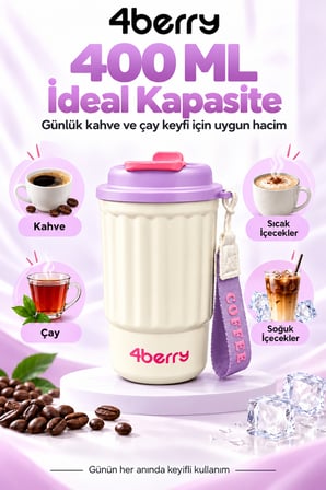 400 ML Termos Bardak – Paslanmaz Çelik, Sızdırmaz Kapaklı, Taşıma Askılı Seyahat Kupası Mor
