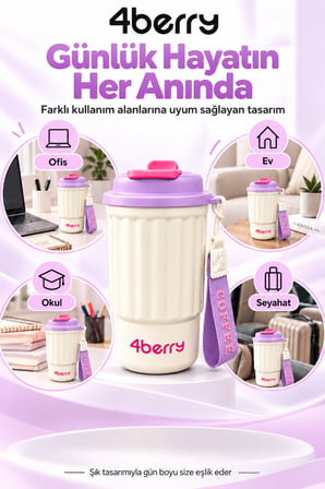 400 ML Termos Bardak – Paslanmaz Çelik, Sızdırmaz Kapaklı, Taşıma Askılı Seyahat Kupası Mor