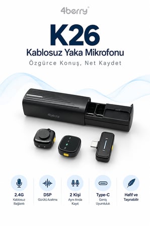 K26 Kablosuz Yaka Mikrofonu Type-C Çift Mikrofon Gürültü Azaltma Şarj Kutulu Vlog Röportaj Mikrofonu