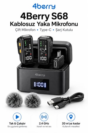 Kablosuz Yaka Mikrofonu – Çift Mikrofonlu Type-C, Şarj Kutulu 2.4 GHz Lavalier Mikrofon