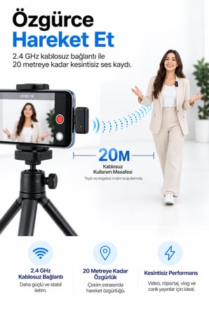Kablosuz Yaka Mikrofonu – Çift Mikrofonlu Type-C, Şarj Kutulu 2.4 GHz Lavalier Mikrofon