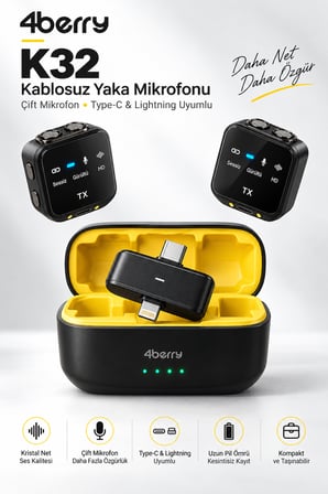 K32 Kablosuz Yaka Mikrofonu – Çift Mikrofonlu, Şarj Kutulu, Type-C & Lightning Uyumlu