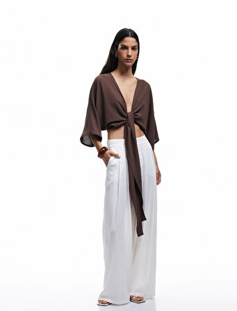 Kısa Kollu Kruvaze Yaka Bağlama Detaylı Oversize Kimono