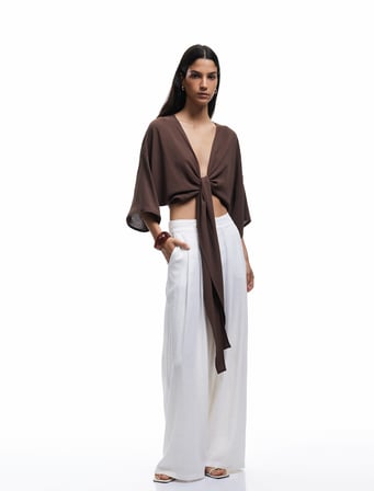 Kısa Kollu Kruvaze Yaka Bağlama Detaylı Oversize Kimono