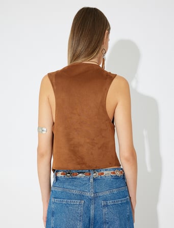 Koton X Zeynep Bastık -  Suni Süet Bağcıklı Slim Fit Crop Yelek