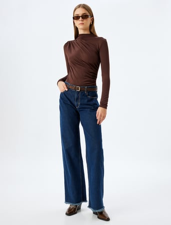 Dik Yaka Drapeli Bluz Uzun Kollu Slim Fit