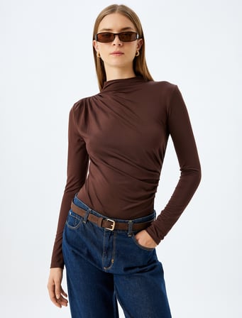 Dik Yaka Drapeli Bluz Uzun Kollu Slim Fit
