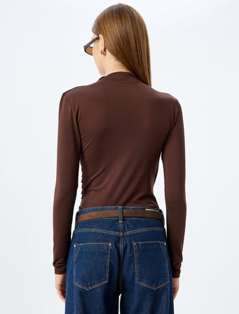 Dik Yaka Drapeli Bluz Uzun Kollu Slim Fit