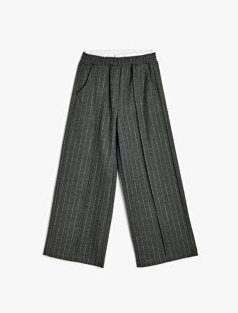 Beli Lastikli Çizgili Bol Paça Pantolon