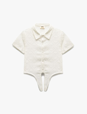 Bağlama Detaylı Brodeli Kısa Kollu Gömlek Yaka Bluz