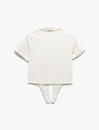 Bağlama Detaylı Brodeli Kısa Kollu Gömlek Yaka Bluz