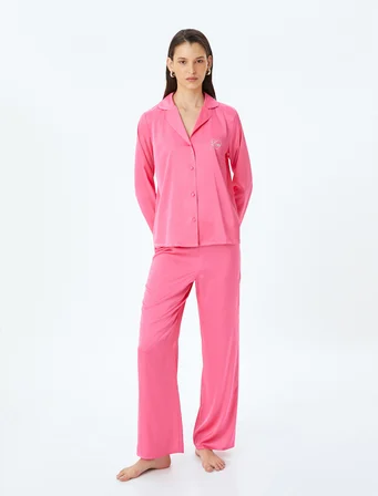 Gömlek Yaka Uzun Kollu Düğmeli Saten Pijama Üstü
